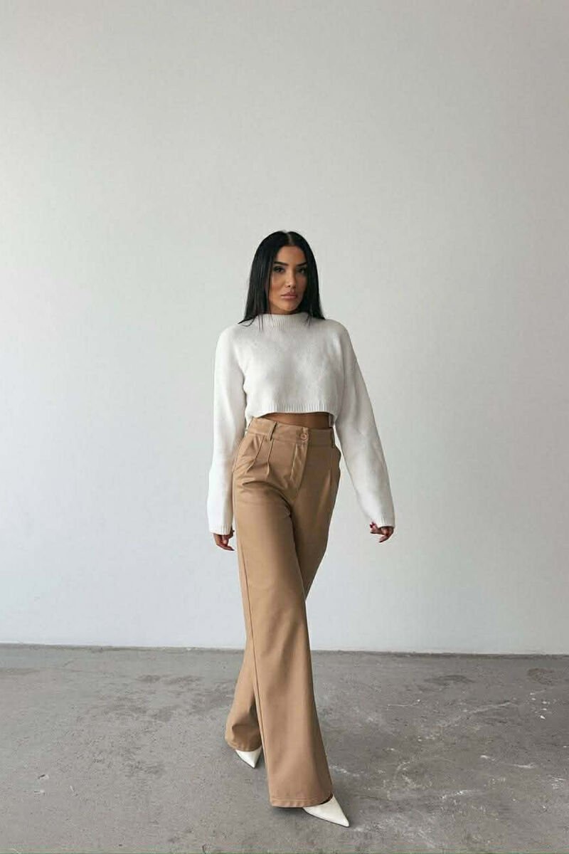 ONE COLOR LEATHER WIDE LEG WOMEN TROUSERS BEIGE/BEZHE - 4