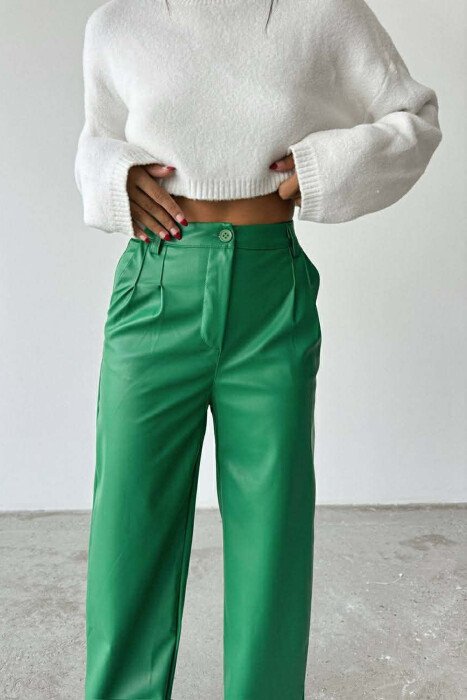 ONE COLOR LEATHER WIDE LEG WOMEN TROUSERS GREEN/JESHILE 