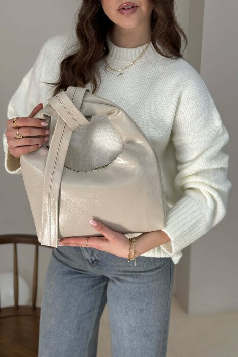ONE COLOR LEATHER WOMAN BAG CREAM/KREM - KLAUDIO FASHION
