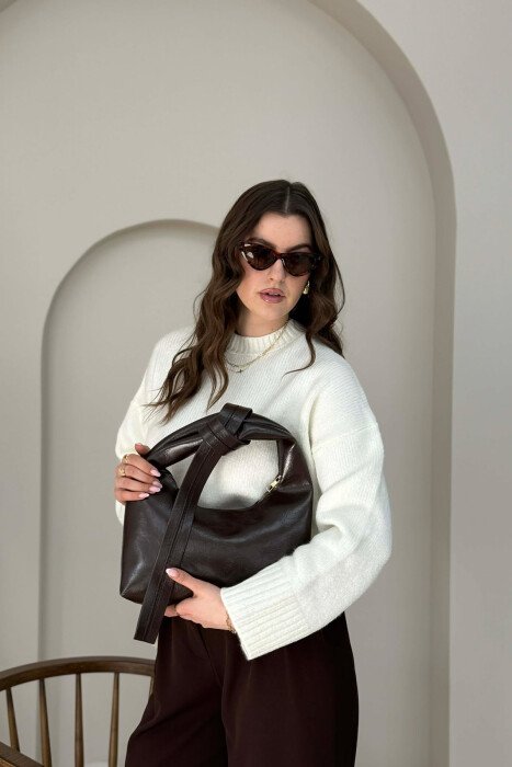 ONE COLOR LEATHER WOMAN BAG DARK BROWN/KAE - 3