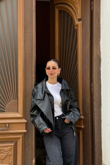 ONE COLOR LEATHER WOMAN JACKET BLACK/ E ZEZE - 1
