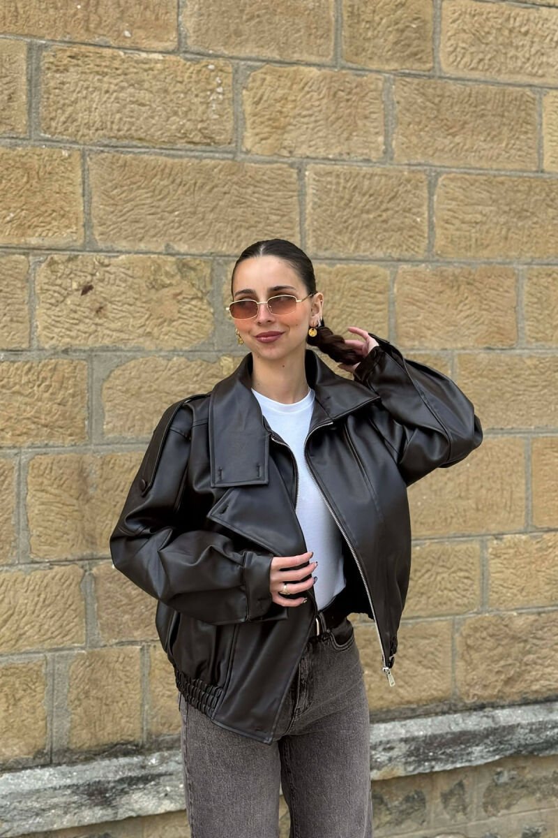 ONE COLOR LEATHER WOMAN JACKET BROWN/KAFE - 1