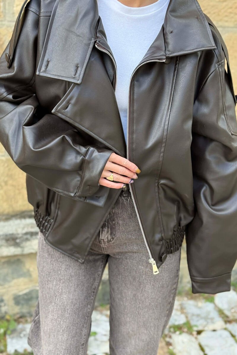ONE COLOR LEATHER WOMAN JACKET BROWN/KAFE - 2