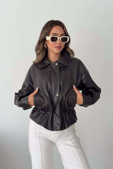 ONE COLOR LEATHER WOMAN JACKET DARK BROWN/KAE - KLAUDIO FASHION