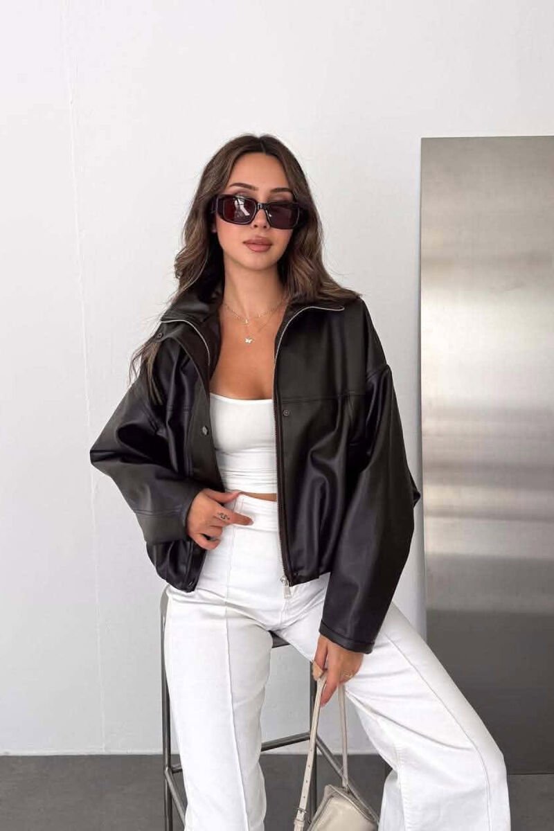 ONE COLOR LEATHER WOMAN JACKET GLOSSY BLACK-ZEZE SHKELQIM - 2