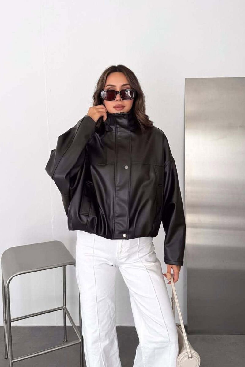 ONE COLOR LEATHER WOMAN JACKET GLOSSY BLACK-ZEZE SHKELQIM - 3