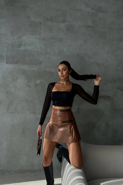 ONE COLOR LEATHER WOMAN SKIRT BROWN/KAFE 