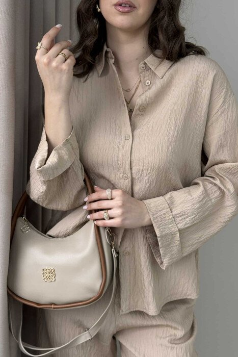 ONE COLOR LEATHER WOMEN BAG BEIGE+BROWN/BEZHE+KAFE - 2