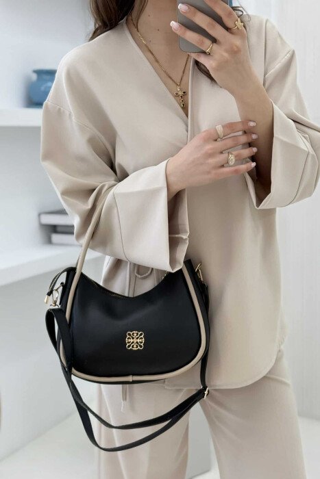 ONE COLOR LEATHER WOMEN BAG BLACK-BEIGE/ZEBE 