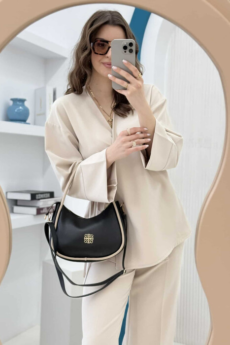 ONE COLOR LEATHER WOMEN BAG BLACK-BEIGE/ZEBE - 3