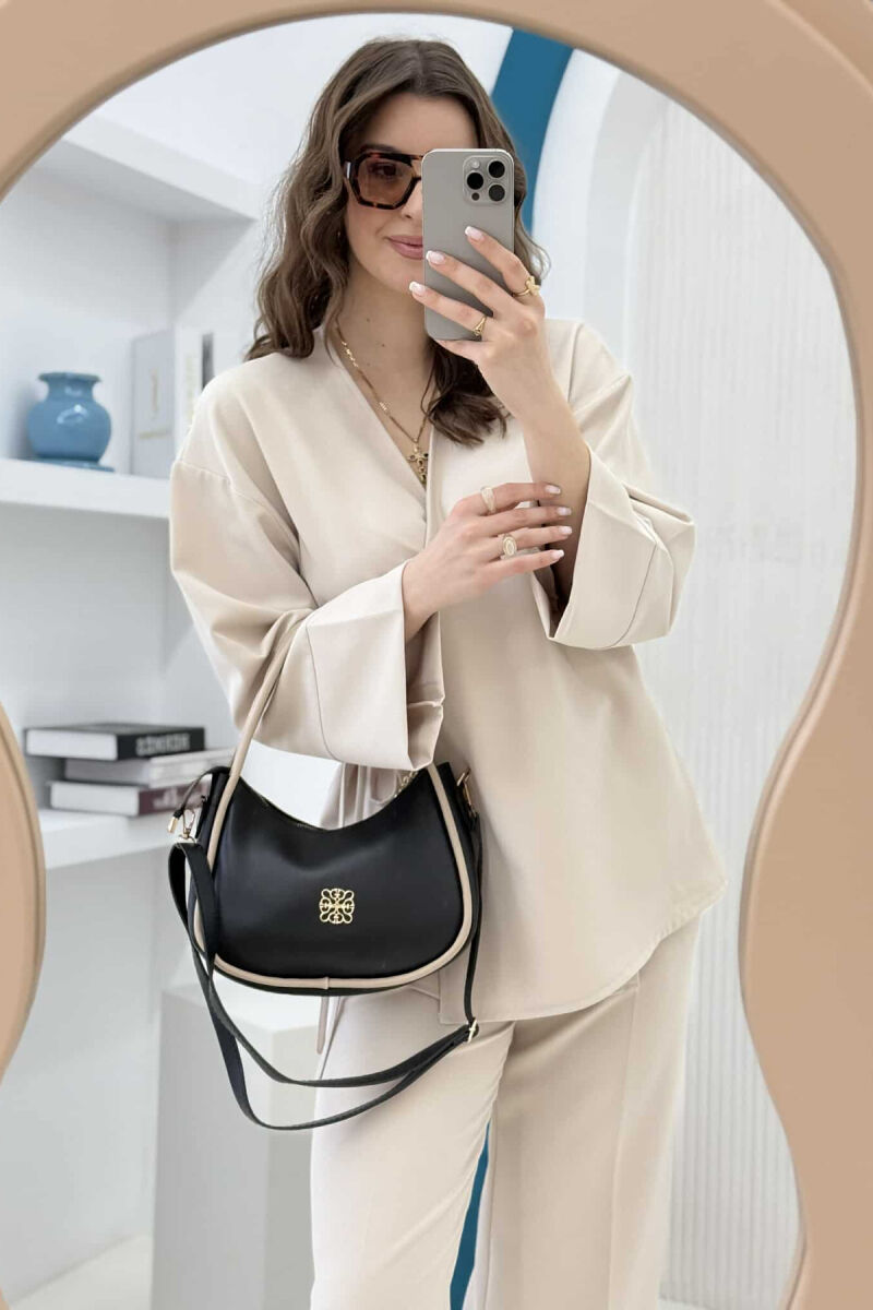 ONE COLOR LEATHER WOMEN BAG BLACK-BEIGE/ZEBE - 3