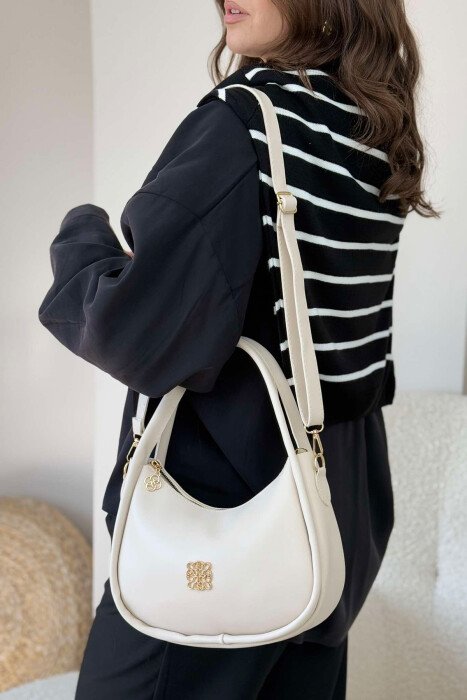 ONE COLOR LEATHER WOMEN BAG CREAM/KREM - KLAUDIO FASHION