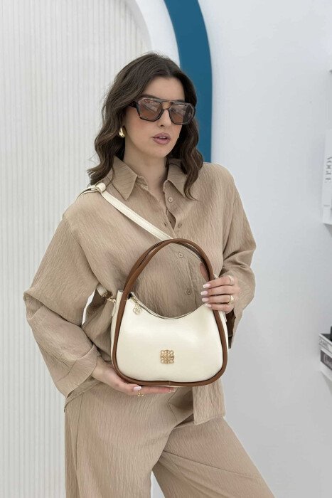 ONE COLOR LEATHER WOMEN BAG WHITE-BROWN/BAKA 