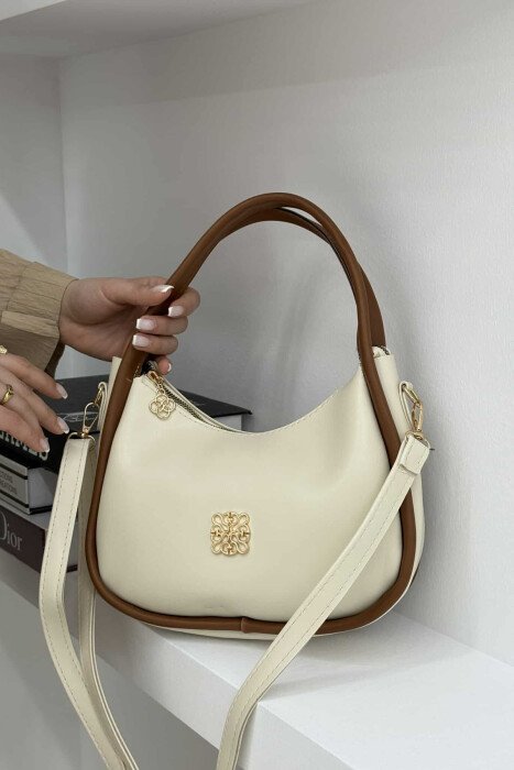 ONE COLOR LEATHER WOMEN BAG WHITE-BROWN/BAKA - 2