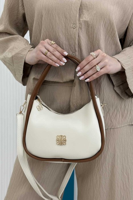 ONE COLOR LEATHER WOMEN BAG WHITE-BROWN/BAKA - 3