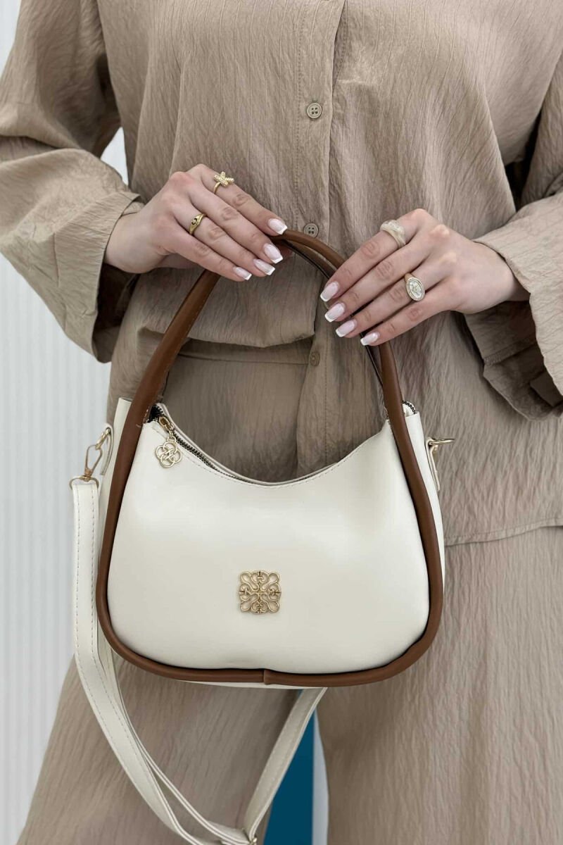 ONE COLOR LEATHER WOMEN BAG WHITE-BROWN/BAKA - 3