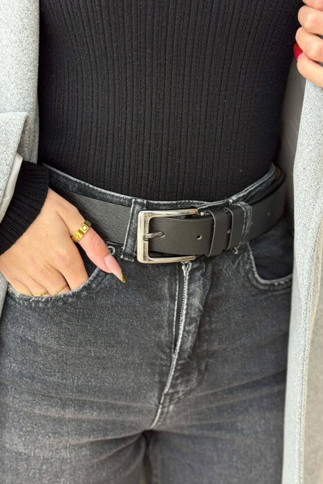 ONE COLOR LEATHER WOMEN BELT BLACK+SILVER/ZEZE+ARGJEND - 1