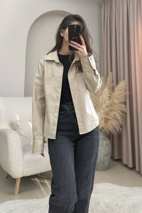 ONE COLOR LEATHER WOMEN JACKET BEIGE/BEZHE - KLAUDIO FASHION