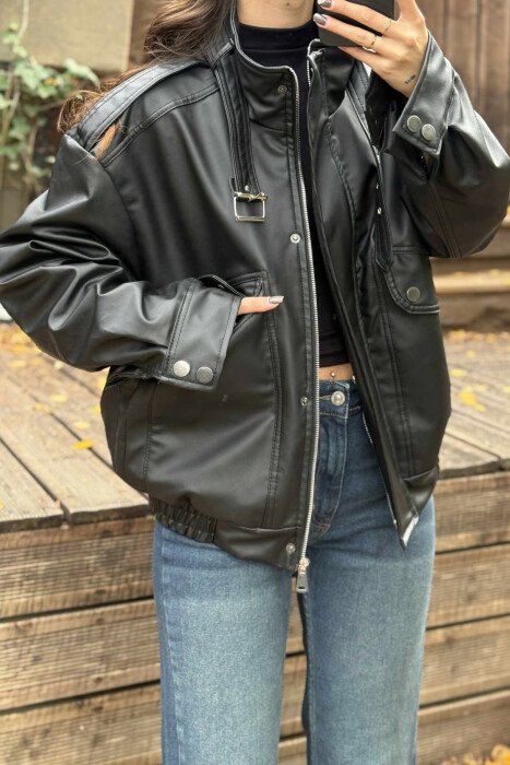 ONE COLOR LEATHER WOMEN JACKET BLACK/ E ZEZE - KLAUDIO FASHION