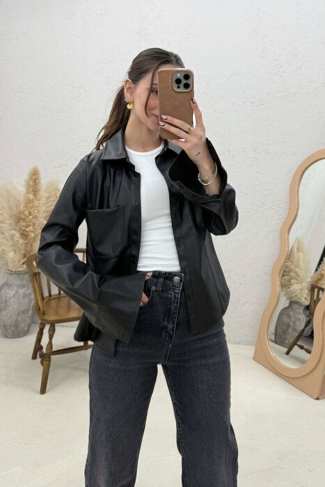 ONE COLOR LEATHER WOMEN JACKET BLACK/ E ZEZE - KLAUDIO FASHION