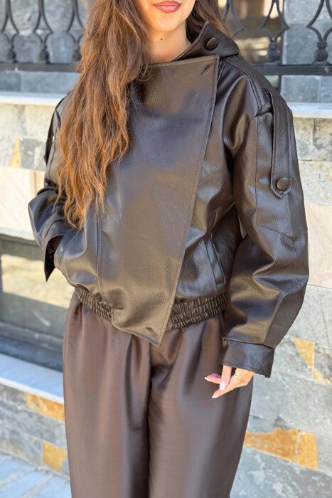 ONE COLOR LEATHER WOMEN JACKET BROWN/KAFE - 4