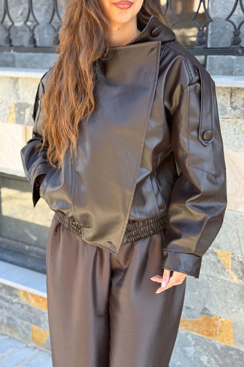 ONE COLOR LEATHER WOMEN JACKET BROWN/KAFE - 4