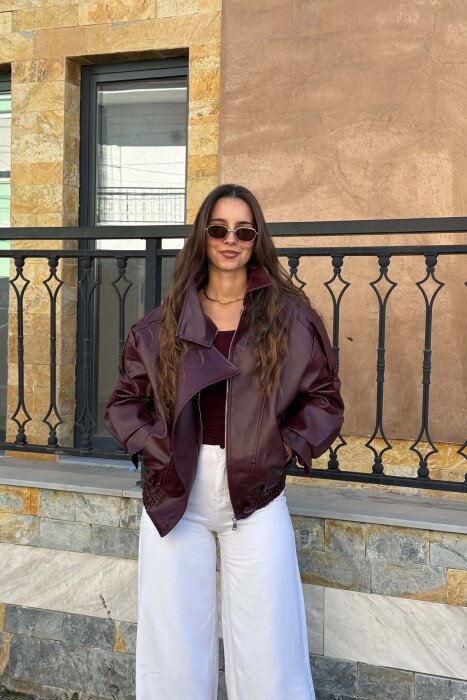 ONE COLOR LEATHER WOMEN JACKET BURGUNDY/VISHNJE 