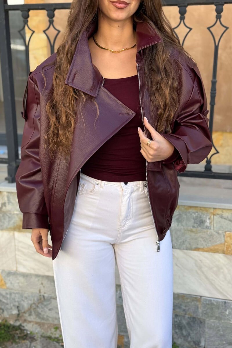ONE COLOR LEATHER WOMEN JACKET BURGUNDY/VISHNJE - 4