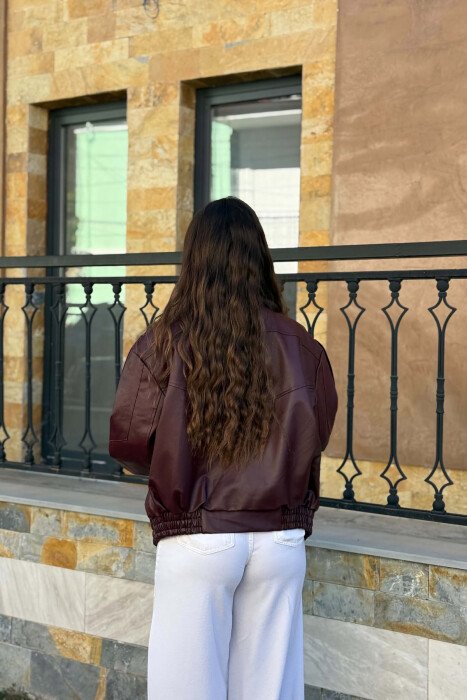 ONE COLOR LEATHER WOMEN JACKET BURGUNDY/VISHNJE - 5