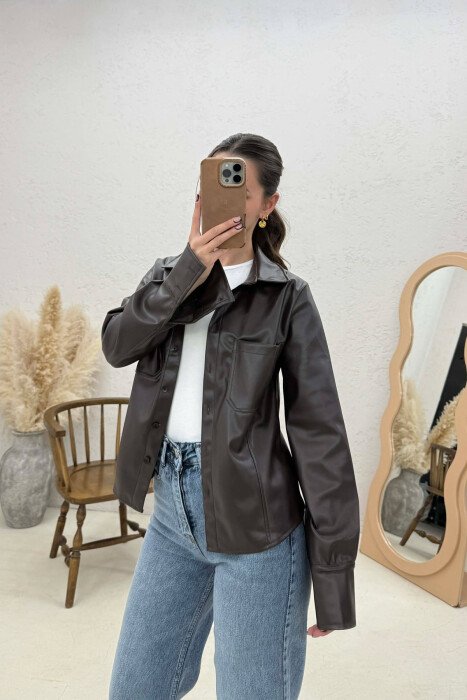 ONE COLOR LEATHER WOMEN JACKET DARK BROWN/KAE - KLAUDIO FASHION