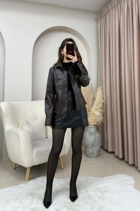 ONE COLOR LEATHER WOMEN JACKET DARK BROWN/KAE - 5