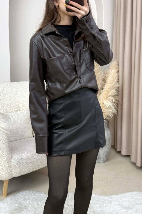 ONE COLOR LEATHER WOMEN JACKET DARK BROWN/KAE - 6