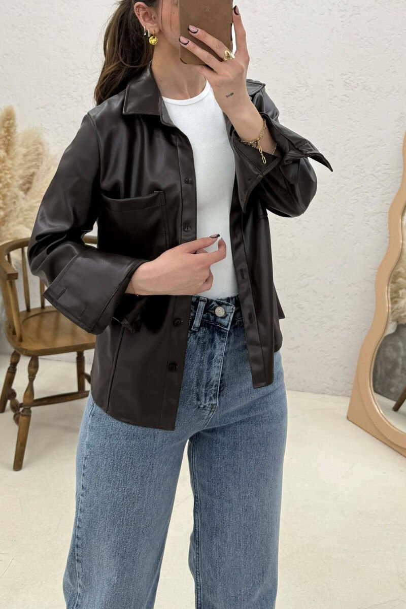 ONE COLOR LEATHER WOMEN JACKET DARK BROWN/KAE - 4