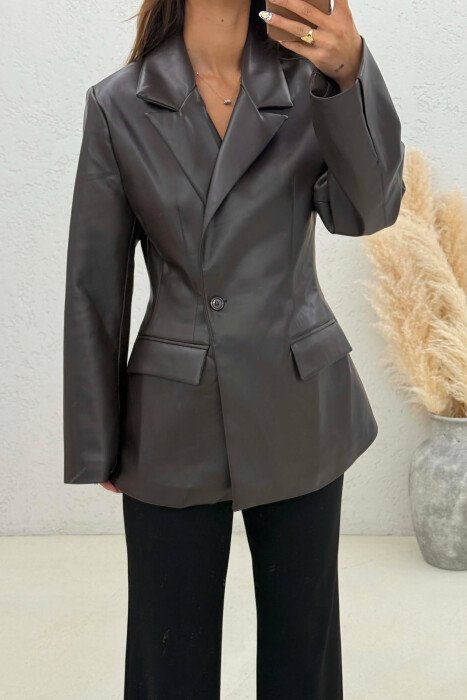 ONE COLOR LEATHER WOMEN JACKET DARK BROWN/KAE - 3
