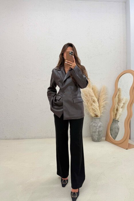 ONE COLOR LEATHER WOMEN JACKET DARK BROWN/KAE - 4