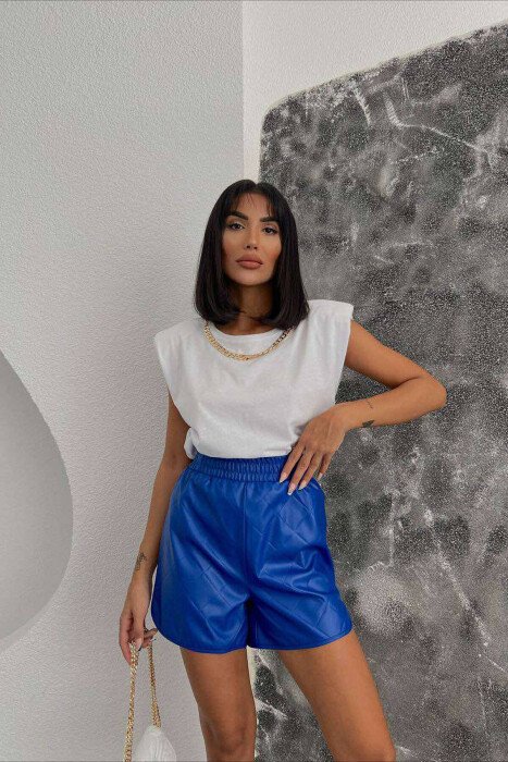 ONE COLOR LEATHER WOMEN SHORT PANTS BLUE/BLU - 3