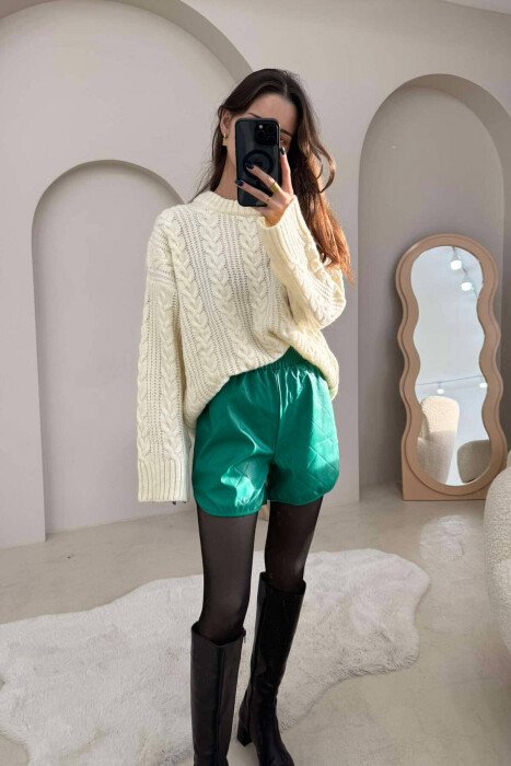 ONE COLOR LEATHER WOMEN SHORT PANTS GREEN/JESHILE - 7