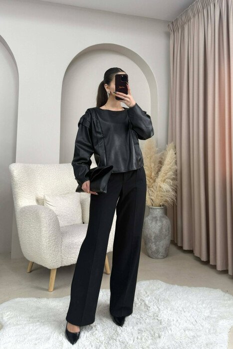 ONE COLOR LEATHER WOMEN SWEATSHIRT BLACK/ E ZEZE - KLAUDIO FASHION