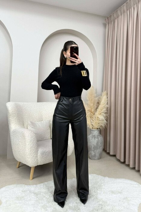 ONE COLOR LEATHER WOMEN TROUSERS BLACK/ E ZEZE - 2
