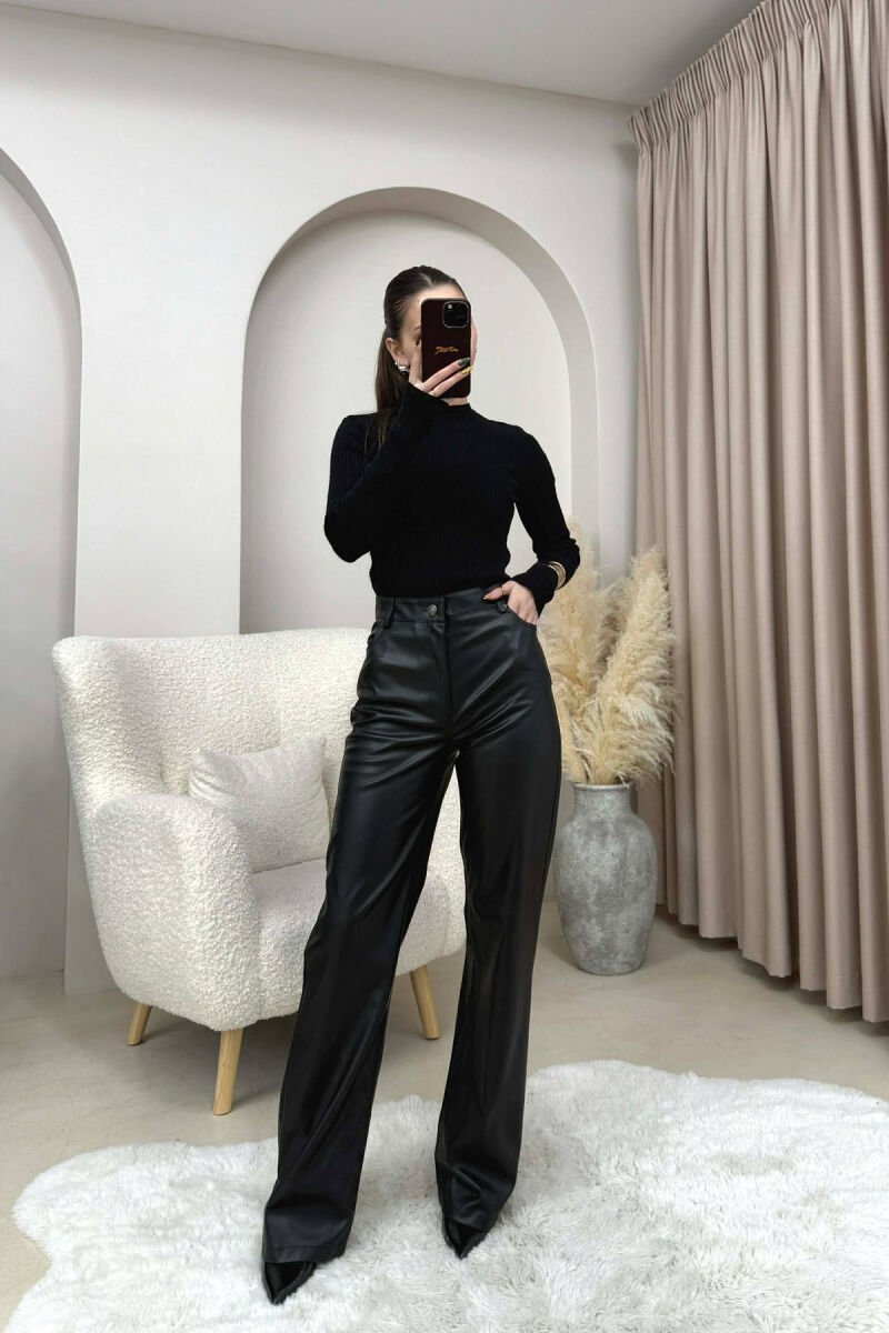 ONE COLOR LEATHER WOMEN TROUSERS BLACK/ E ZEZE - 5