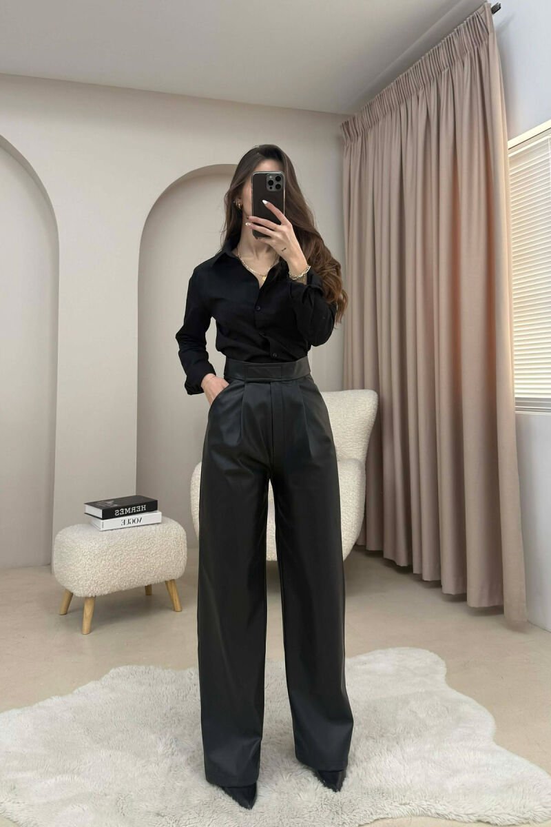 ONE COLOR LEATHER WOMEN TROUSERS BLACK/ E ZEZE - 2