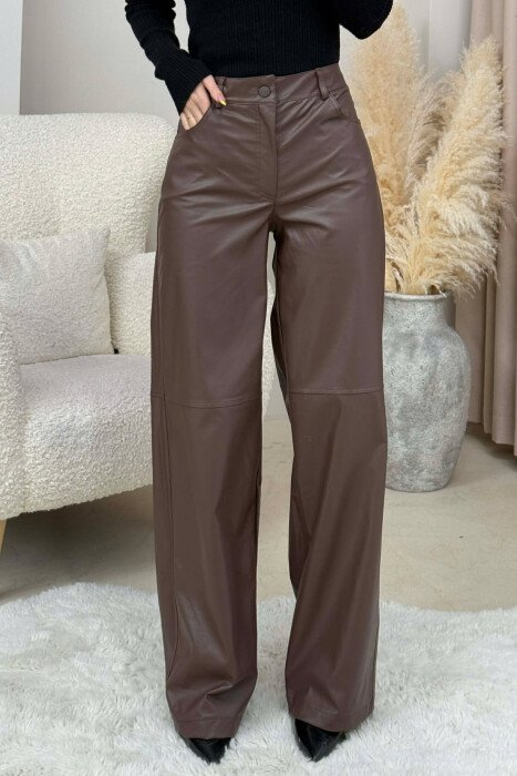 ONE COLOR LEATHER WOMEN TROUSERS BROWN/KAFE - KLAUDIO FASHION
