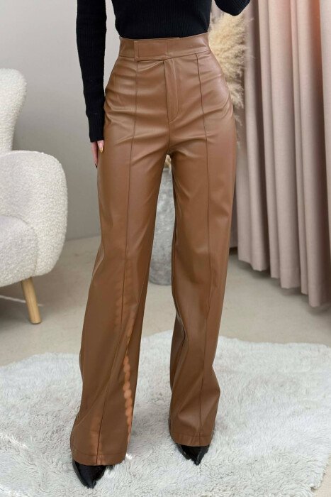 ONE COLOR LEATHER WOMEN TROUSERS BROWN/KAFE - KLAUDIO FASHION