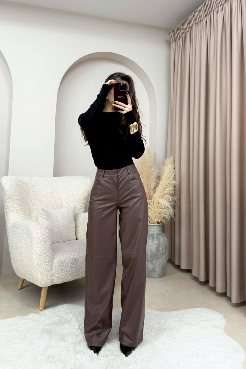 ONE COLOR LEATHER WOMEN TROUSERS BROWN/KAFE - 2