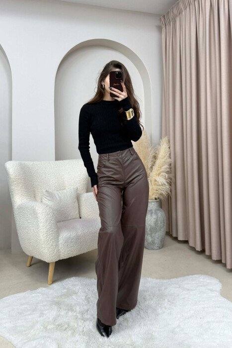 ONE COLOR LEATHER WOMEN TROUSERS BROWN/KAFE - 3