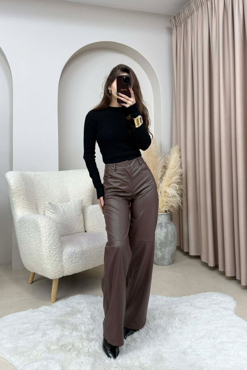 ONE COLOR LEATHER WOMEN TROUSERS BROWN/KAFE - 3