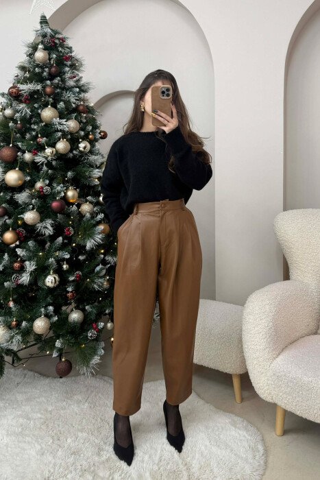 ONE COLOR LEATHER WOMEN TROUSERS BROWN/KAFE - 2