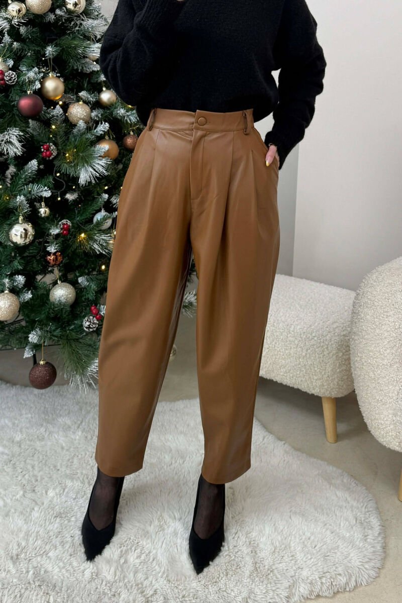 ONE COLOR LEATHER WOMEN TROUSERS BROWN/KAFE - 1