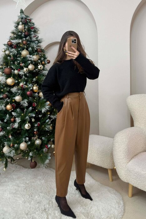 ONE COLOR LEATHER WOMEN TROUSERS BROWN/KAFE - 3