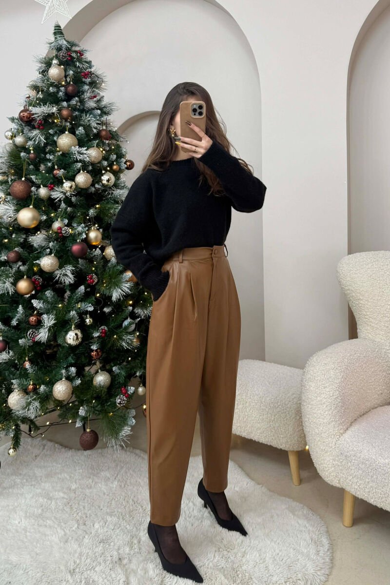 ONE COLOR LEATHER WOMEN TROUSERS BROWN/KAFE - 3